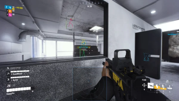 The Finals ESP tracking contestants through lab walls with names, distance and the cashout marker